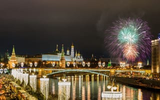 Картинка город, Россия, Москва, ночь, салют