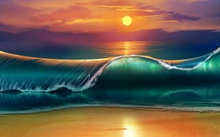 Картинка закат, пляж, море, sunset, waves, sea, beach, волны