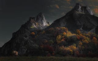 Картинка лес, бык, облака, горы, деревья, корова, осень
