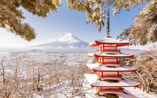Картинка Фудзияма, гора, пагода, Япония, зима