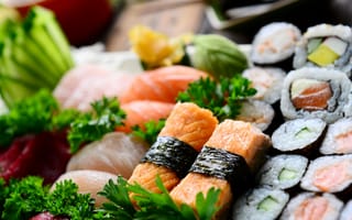Картинка японская кухня, sushi, суши, рыба, зелень петрушки, fish, Japanese cuisine, rolls, parsley, роллы