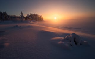 Картинка зима, туман, дом, Норвегия, закат
