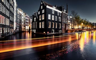 Картинка дома, канал, Амстердам, Нидерланды, ночь, огни