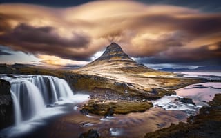 Картинка тучи, водопад, природа, гора, Киркьюфетль, Исландия