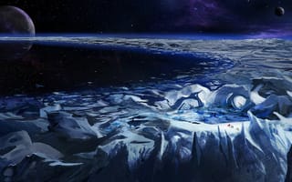 Картинка планеты, звезды, путники, туманность, кольцо, лед, космос, ледник