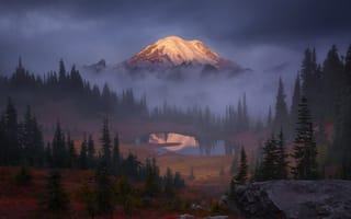 Картинка США, гора, тучи, скалы, деревья, туман, озеро, лес, небо