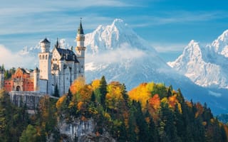 Картинка облака, Германия, горы, Бавария, деревья, небо, осень, Замок Нойшванштайн, замок, лес