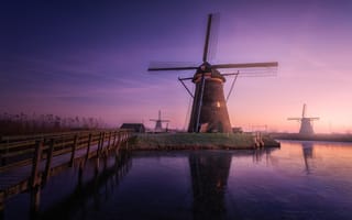 Картинка вечер, Ветряные мельницы, дымка, утро, Нидерланды