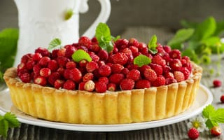 Картинка выпечка, mint leaves, strawberry, земляника, berries, pastries, пирог, ягоды, листья мяты, cake