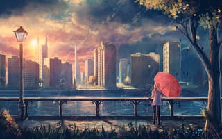 Картинка дождь, девушка, зонт, город, листва, фонарь, арт, дерево