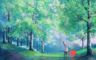 Картинка парк, деревья, арт, девушка, пальто, зонт, дождь
