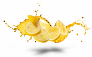 Картинка белый фон, white, дольки, water, lemon slices, splashes, брызги, вода, лимон