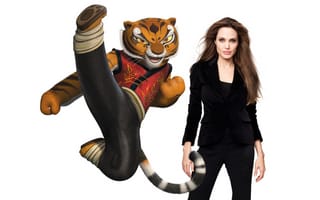 Картинка Кунг-фу Панда, озвучка, актриса, Tigress, белый фон, Тигрица, Kung Fu Panda, Анджелина Джоли, Angelina Jolie, в черном