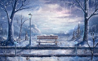 Картинка фонарь, снег, пейзаж, зима, лавочка, арт