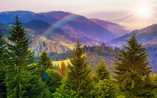 Картинка горы, rainbow, mountains, деревья, природа, радуга, trees, sunlight, nature, солнечные лучи