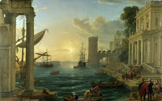 Обои лодка, город, небо, картина, The Embarkation of the Queen of Sheba, Claude Lorrain, пейзаж, море, люди