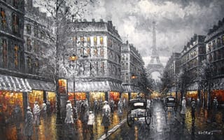 Обои картина, город, улица, вечер, небо, башня, Париж