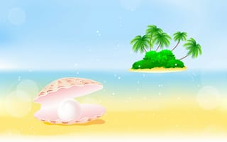 Картинка остров, pearl, пальмы, кусты, bushes, ракушка, жемчужина, shell, море, palm trees, sea island