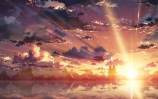 Картинка арт, девушка, небо, yuuki tatsuya, персонаж yuuki asuna, отражение, облака, парень, вода, sword art online, закат, аниме, солнце, kirigaya kazuto
