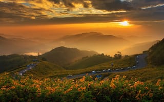 Картинка пейзаж, облака, природа, горы, дорога, цветы, солнце, Таиланд, закат