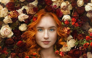 Картинка Ивга Фотограф, веснушки, рыжая, Настасья, локоны, настроение, волосы, рыжеволосая, цветы, розы, девушка, лицо, голубые глаза, взгляд