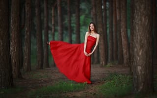 Картинка девушка, лес, грация, красное платье, balance
