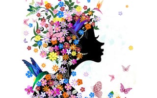 Картинка абстракция, цветы, abstraction, butterflies, birds, flowers, бабочки, girl, девушка, птицы
