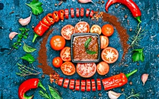 Картинка листья, креатив, перец, овощи, чеснок, кетчуп, приправы, помидоры