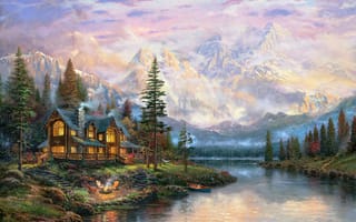 Картинка Cathedral Mountain Lodge, огонь, гамак, река, Thomas Kinkade, лодка, туман, лес, Томас Кинкейд, дом, коттедж, живопись, крест, painting, стулья, олени, костер, горы