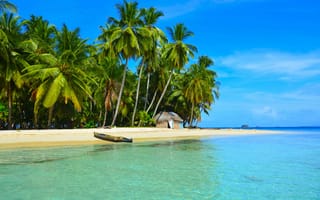 Картинка тропики, пальмы, домик, море, лодка, пляж