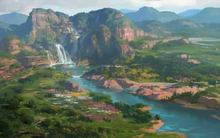 Картинка арт, холмы, нарисованный пейзаж, водопад