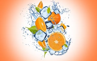 Картинка оранжевый фон, orange, ice, апельсин, капли, лед, drops, дольки, cloves, water, вода
