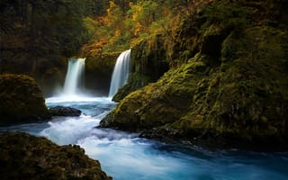 Картинка водопад, лес, камни, природа, река, мох