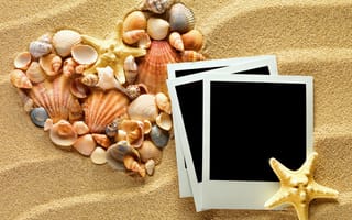 Картинка sand, heart, ракушки, starfishes, песок, texture, seashells, photo frame, сердце