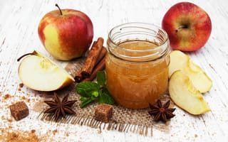 Картинка яблоки, банка, звезда аниса, корица, бадьян, варенье