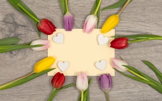 Картинка цветы, сердце, flowers, heart, spring, tulips, colorful, romantic, сердечки, love, тюльпаны