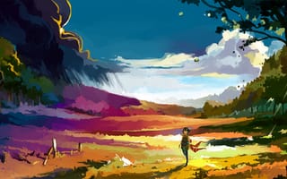 Картинка арт, ограда, ветер, деревья, облака, девушка, нарисованный пейзаж