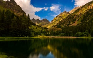 Картинка зелень, лес, горы, облака, деревья, Франция, небо, озеро