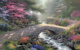 Картинка Bridge Of Faith, солнечный свет, лес, мост, painting, Thomas Kinkade, ручей, свет, парк, природа, живопись, Kinkade