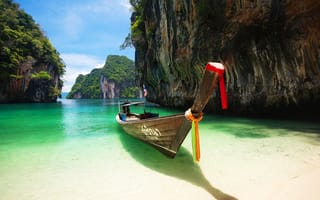 Обои скалы, Тайланд, пляж, пейзаж, Пхукет, лодка, море, песок
