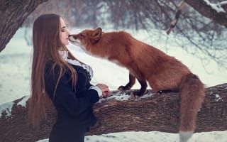 Картинка поцелуй, лиса, дерево, девушка, длинные волосы, Сергей Граблёв, ситуация, рыжая