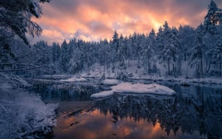 Обои закат, Норвегия, Рингерике, река, отражение, снег, Norway, зима, лес, Ringerike, деревья