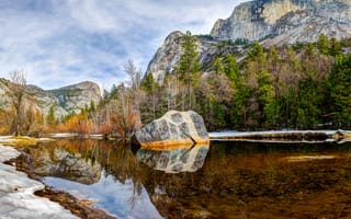 Картинка Yosemite, озеро, горы, облака, небо, камень, National Park, деревья, Mirror Lake