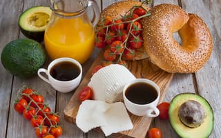 Картинка Завтрак, Овощи, Rolls, Breakfast, Coffee, Булочки, Сыр, Сок, Кофе, Cheese, Vegetables, Juice
