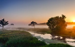 Картинка река, пейзаж, туман, утро