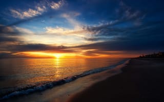 Картинка море, пляж, горизонт, закат, солнце