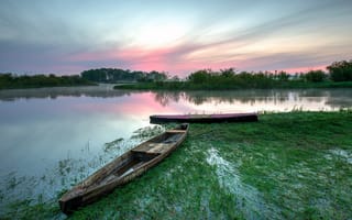 Картинка озеро, лето, рассвет, Бебжанский национальный парк, утро, лодки, Польша