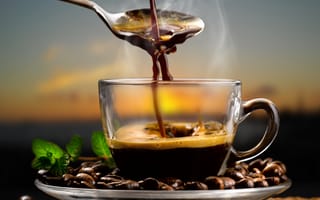 Картинка кофе, aroma, ложка, coffee, spoon, mint leaves, аромат, кофейные зерна, coffee beans, листья мяты