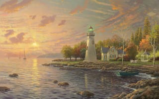 Картинка Serenity Cove, вечер, painting, Томас Кинкейд, беседка, озеро, штиль, осень, Эри, закат, Marblehead Lighthouse, дом, Canada USA, парус, маяк, живопись, Thomas Kinkade, Lake Erie, лодка