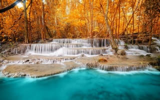 Картинка природа, река, деревья, водопад, пейзаж, осень, лес, голубая вода